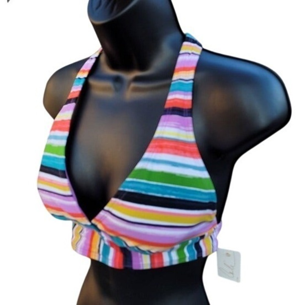 Anne Cole Multi Color Striped Halter Bikini Swim Top Small NEW